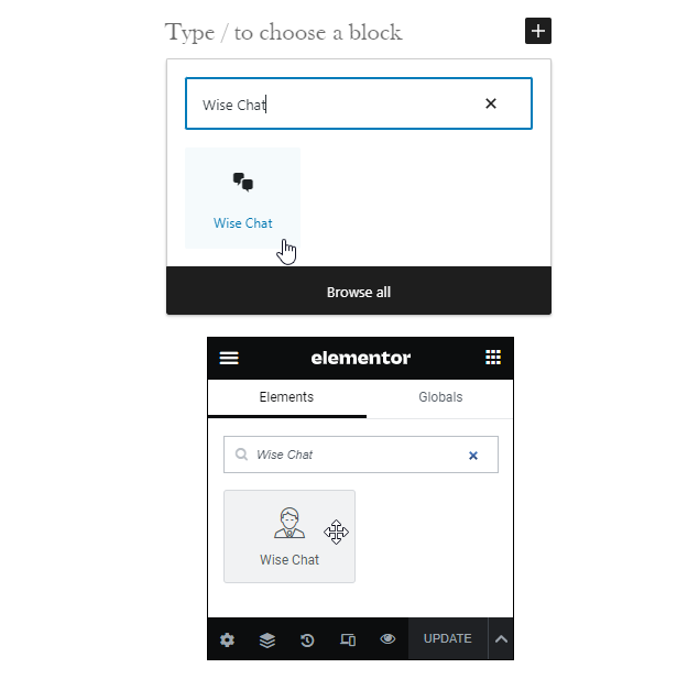 Wise Chat Pro supports Elementor and Gutenberg blocks