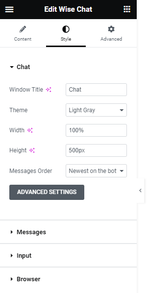 Options of Wise Chat in Elementor